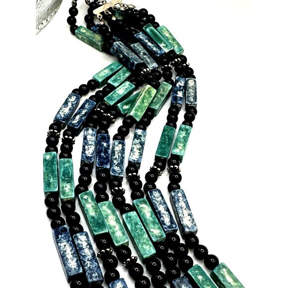 Multi Strand Boho Blue Green Boho Necklace Rectangle Shape Acrylic Beads - Picture 5 of 9